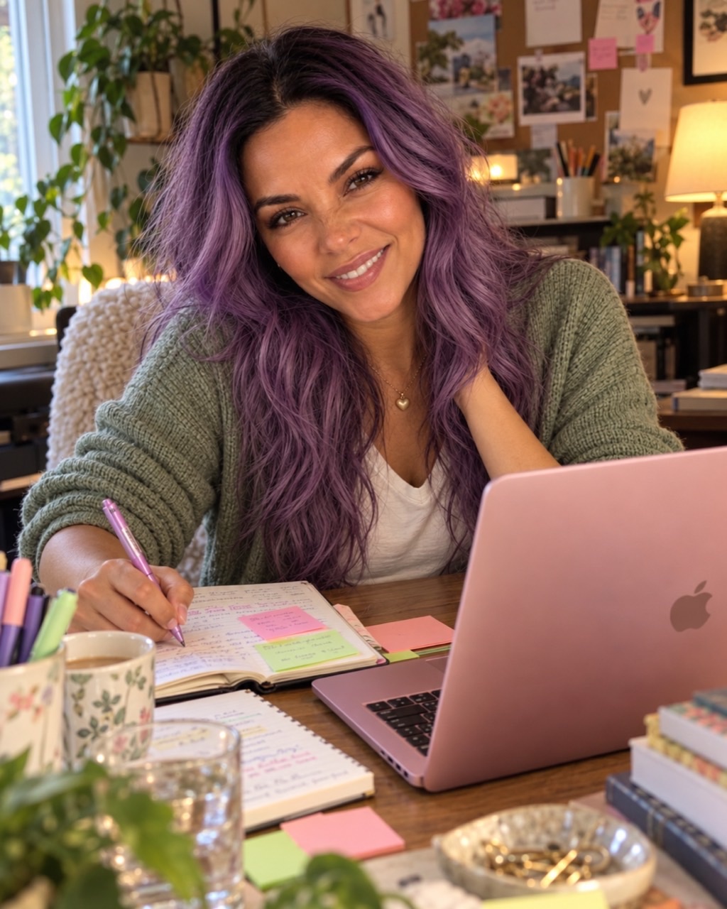 Ren Levy smiling while writing at her desk beside her laptop